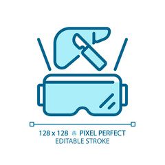 2D pixel perfect editable blue futuristic device and VR goggles icon, isolated monochromatic vector, thin line illustration representing VR, AR and MR.