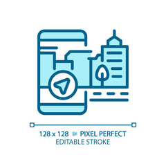 2D pixel perfect editable blue map navigation icon, isolated monochromatic vector, thin line illustration representing VR, AR and MR.