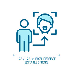 2D pixel perfect editable blue face recognition icon, isolated monochromatic vector, thin line illustration representing VR, AR and MR.