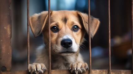 copy space, stockphoto, Sad dog behind the fence. Homeless dog behind bars in an animal shelter....