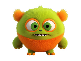 Cute and funny green, orange monster 3D cartoon character on transparent background. Generative Ai.