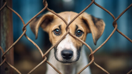 copy space, stockphoto, Sad dog behind the fence. Homeless dog behind bars in an animal shelter. Dog waiting to be adopted by a nice warm family. Abandoned rescued dog in a shelter. Animal care. Anima