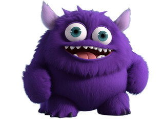 Cute and funny purple monster 3D cartoon character on transparent background. Generative Ai.