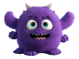 Naklejka premium Cute and funny purple monster 3D cartoon character on transparent background. Generative Ai.
