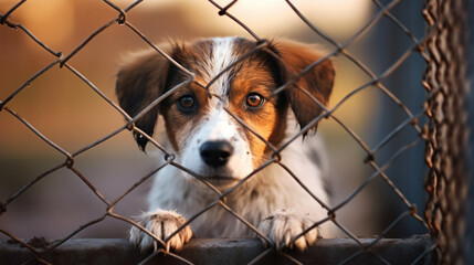 copy space, stockphoto, Sad dog behind the fence. Homeless dog behind bars in an animal shelter. Dog waiting to be adopted by a nice warm family. Abandoned rescued dog in a shelter. Animal care. Anima