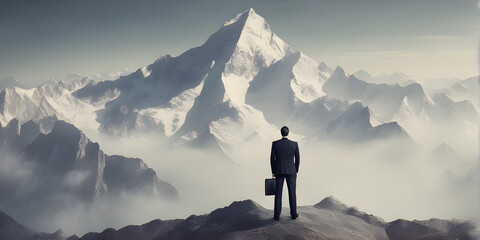 Smart businessman professional for success invest business standing on top of mountain