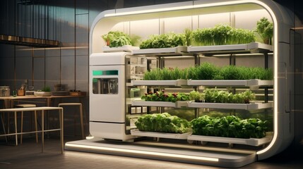 future kitchen design featuring an AI-driven meal planning system and a vertical garden for fresh herbs and produce