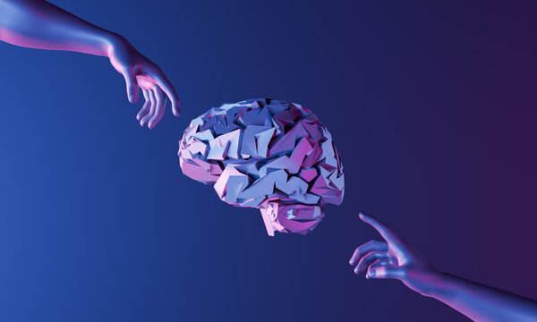 hands pointing to a brain with neon lighting