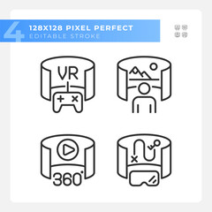 2D pixel perfect black icons set representing VR, AR and MR, editable thin linear illustration.