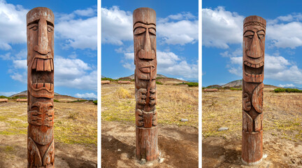 Set of Wooden Gamuls on Vilyuchinsky pass near Vilyuchik volcano, Kamchatka Peninsula, Russia.