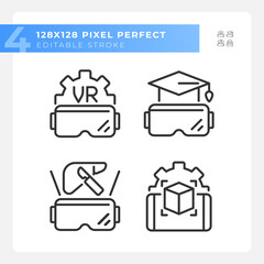 Pixel perfect black icons pack of VR, AR and MR, editable thin linear illustration.