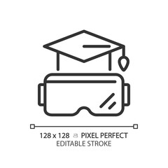 2D pixel perfect editable black VR goggles and education icon, isolated simple vector, thin line illustration representing VR, AR and MR.