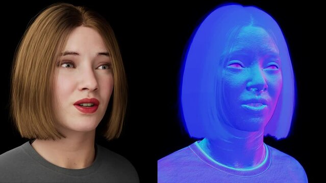 Metaverse female avatar in virtual chat world. Artificial human character talking. Beautiful 3d model human scan animated.