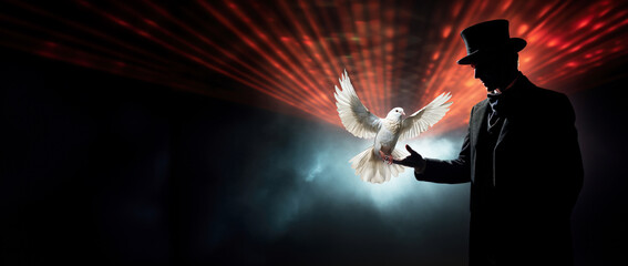 Magician on stage with white dove. Magic, circus, performing arts and variety show concept with copy space.