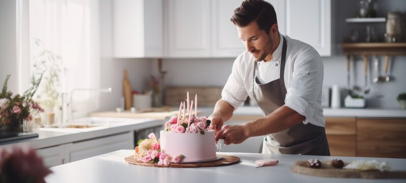 man pastry chef bakes a cake in a modern kitchen in a home business workshop, decorates a confectionery product with cream for a holiday sweets