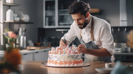 man pastry chef bakes a cake in a modern kitchen in a home business workshop, decorates a confectionery product with cream for a holiday sweets - obrazy, fototapety, plakaty