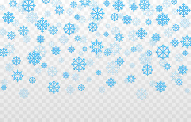 Snow background png. Vector volumetric snowflakes. Snowflakes of different shapes. Snowfall, blizzard, falling snowflakes. Christmas background.