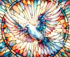 Papier Peint photo Lavable Coloré Colorful stained-glass Winged dove, a representation of the New Testament Holy Spirit