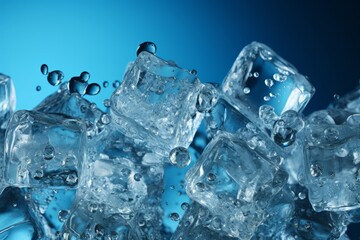 Enticing banner showcasing ice cubes immersed in water against a soothing blue background, Generative AI
