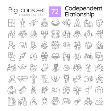 2D editable black thin line big icons set representing codependent relationship, isolated vector, linear illustration.
