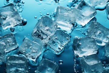 Enticing banner showcasing ice cubes immersed in water against a soothing blue background, Generative AI