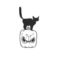 Hand drawn vector abstract graphic,black,line art Jack O lantern happy Halloween pumpkin face with cat,outline isolated. Halloween Character outline autumn design concept. Scary horror Halloween icon.