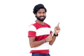 a man with a beard and a red and white shirt is pointing to the side with his finger and smiling