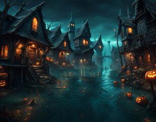 Fototapeta na wymiar Underwater Horror house with jack o lanterns and full moon. Concept of Halloween. Digital illustration. CG Artwork Background