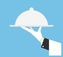 Waiter serving food. A hand holds a tray with a lid. Vector illustration