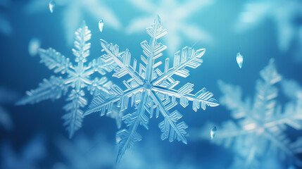 Close up of a glossy snowflake, macro photo of snow crystals on blue background. Generative AI