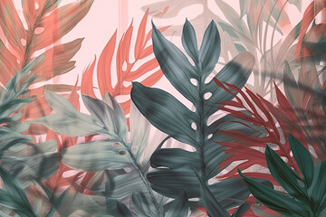 Palm leaves green red pastel pattern background print 