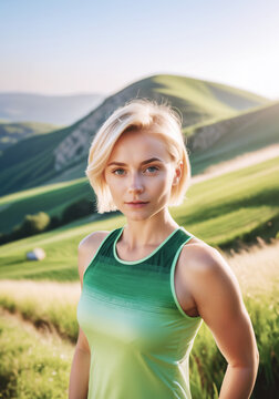 immagine con primo piano di giovane affascinante ragazza in abbigliamento sportivo, sfondo con soleggiate colline verdi, sguardo sorridente e deciso