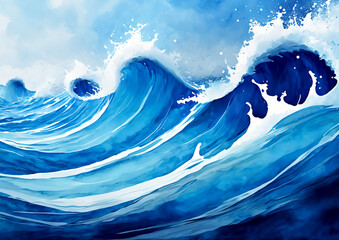 抽象的な青い波と水しぶきの3dイラスト - obrazy, fototapety, plakaty