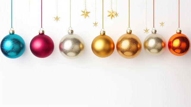 3d rendering of christmas balls hanging isolated white background. AI generated image