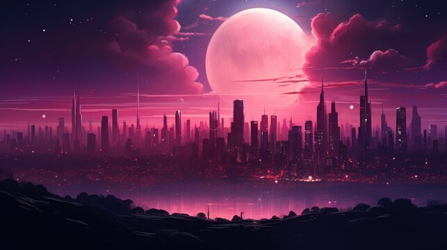 Pink Full moon against the backdrop of a night city landscape, astrology theme, supermoon and other planets