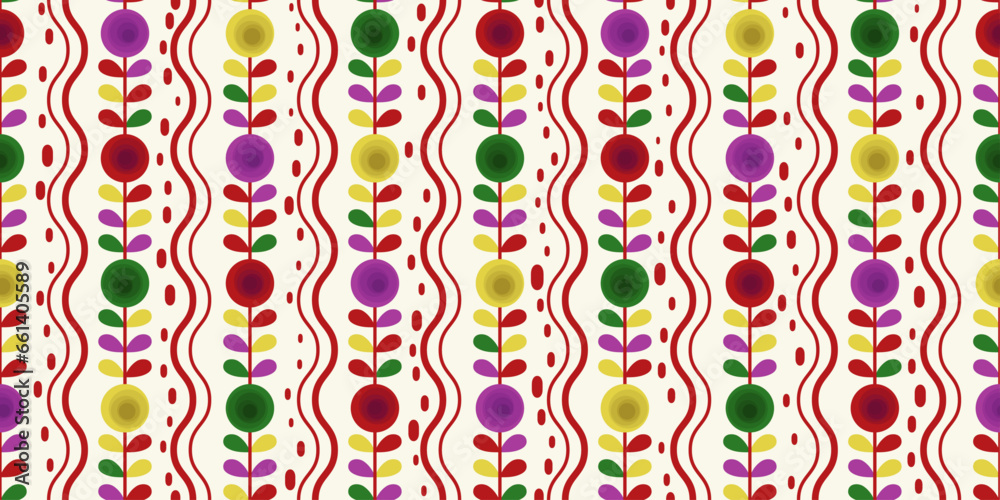Fototapete Floral pattern. Bright pattern of petals and round abstract flowers. Vector and seamless pattern of vertical flowers.