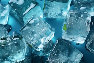 Top view of ice cubes with water on a tranquil blue background, conveying the idea of cool and refreshing drinks, Generative AI