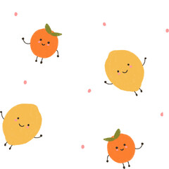 Cute character Lemon and orange hand drawn seamless pattern in transparant background