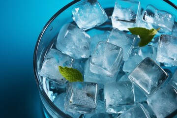 Top-down perspective capturing ice cubes floating in water on a cool blue background, portraying the idea of icy drinks, Generative AI