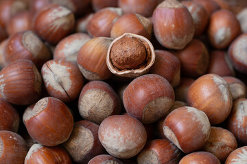 hazelnuts on a wooden table