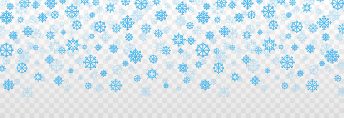 Snow background png. Vector volumetric snowflakes. Snowflakes of different shapes. Snowfall, blizzard, falling snowflakes. Christmas background.