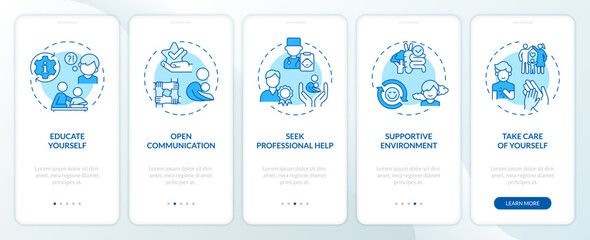 2D icons representing parenting children thin line mobile app screen set. Walkthrough 5 steps blue graphic instructions with thin line icons concept, UI, UX, GUI template.