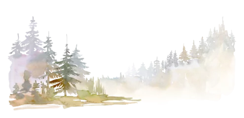 Crédence de cuisine en verre imprimé Montagnes watercolor misty landscape with rocks fog and pine trees, fall mountain clipart, landscape background clipart, trees mountains clipart for greeting cards, save the date, stationery design