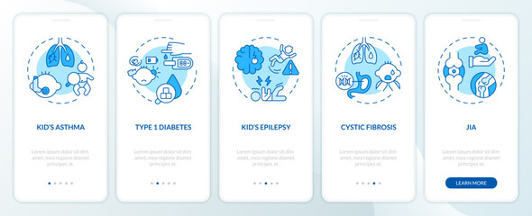 2D icons representing parenting children thin line mobile app screen set. Walkthrough 5 steps blue graphic instructions with thin line icons concept, UI, UX, GUI template. - obrazy, fototapety, plakaty
