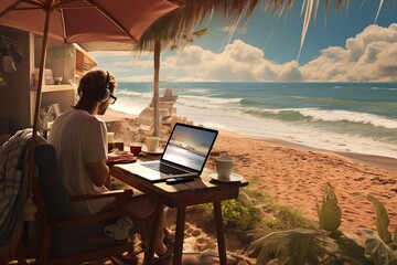 Digital Nomad Working Under Beach Umbrella Created with Generative AI