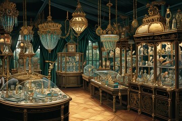 an illustration of a vintage jewelry shop filled with opulent items displayed in cabinets and shelves. Generative AI - obrazy, fototapety, plakaty
