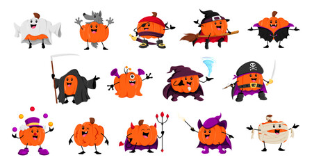 Naklejka premium Cartoon Halloween pumpkin characters vector set