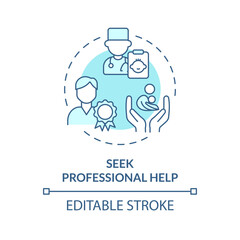 2D editable thin line icon seek professional help concept, isolated monochromatic vector, blue illustration representing parenting children with health issues.