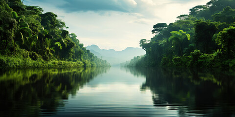 Tropical rainforest around river covered with mist. Generative AI © AngrySun