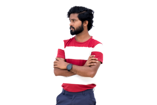 a man with a beard and a red shirt is holding a white sign with his arms crossed and looking to the side - Powered by Adobe